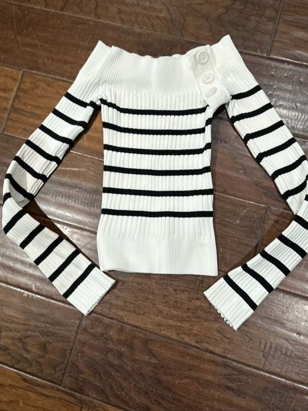 Urban Outfitters Striped Off-the-Shoulder Ribbed Knit Sweater with Button Detail